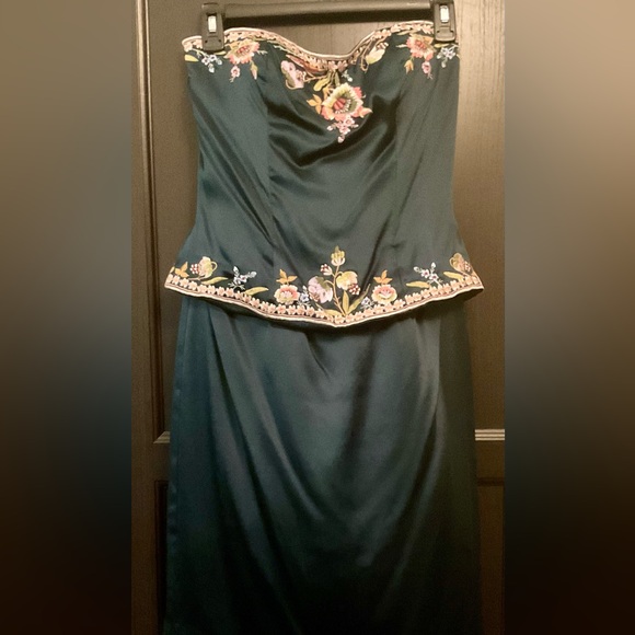 Sue Wong 100% 4 Silk Emerald Teal Strapless Embroidered Peplum Evening Dress - Picture 9 of 12